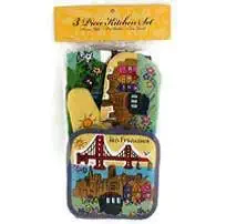 (47 6/18) San Francisco Oven Mitt Pot Holder Tea Towel Hand Painted Set 3 Pieces With Copyrighted CA Bear Magnet