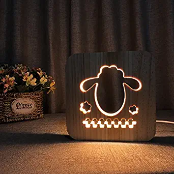 Creative 3D Sheep Wooden Desk Lamp, LED Table Light with USB Power Cartton Nightlight Home Bedroom Decor Lamp, Gift for Kids Children Adult Bedroom Living Room Nightstand