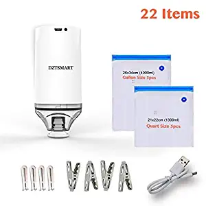 DZTSMART 22pcs Wireless Automatic Vacuum Sealer Machine ,Rechargeable Handheld Vacuum Sealing System for Foodsaver, Sous Vide, Anova and Joule Cookers ,Reusable Storage ,5pcs Quart-Sized and 5pcs Gallon-Sized Vacuum Zipper bags ,keep fresh 5X longer (white)