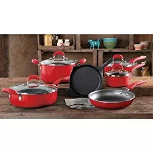 The Pioneer Woman Vintage Speckle 10-Piece Non-Stick Pre-Seasoned Cookware Set, Red Dishwasher Safe