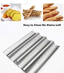 Mostwishedfor Baguette Pan 4 Loaf for French Bread Baking 15"x13" Nonstick Wave Loaves Bake Mold Toast Cooking Bakers Molding 4 Gutter Oven Toaster Pan Cloche Waves Silver Steel Tray Italian