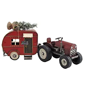 TisYourSeason Rustic Red Tractor and Camper with Christmas Tree Iron Set of 2 Christmas Decoration