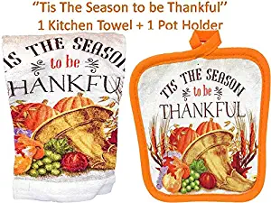 FLOMO Thanksgiving Holiday Kitchen Linens Set Tis The Season to be Thankful Kitchen Towel and Pot Holder Set (''Tis The Season to be Thankful'' Set)