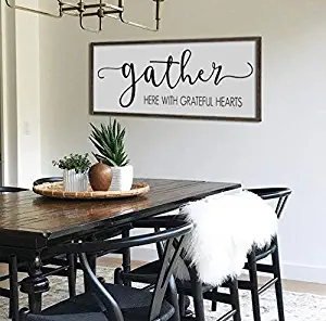 bawansign Gather here with Grateful Hearts Large Gather Sign Dining Room Sign Sign for Kitchen Fall Wall Decor Thanksgiving Sign