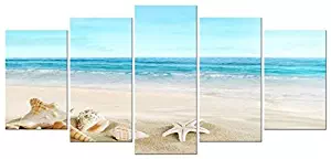 Pyradecor Seashell 5 Panels Seascape Giclee Canvas Prints Landscape Pictures Paintings on Modern Stretched and Framed Canvas Wall Art Sea Beach Pictures Artwork for Home Decor