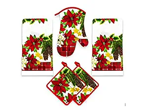 American Mills Christmas Poinsettia 5 Piece Printed Kitchen Linen Set Includes Towels Pot Holders Oven Mitt