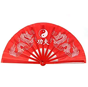 Bettli 35cm Bamboo Chinese Fan Tai Chi Kung Fu Folding Fan with Dragon Design.(Red)