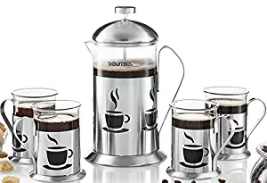 Gourmia GCM9845 French Press Coffee Maker Set 800 ml Decorative French Press Coffee Brewer With 4 Matching Stainless Steel Drinking Cups