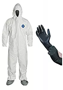 DuPont TY122S Disposable Elastic Wrist, Bootie & Hood White Tyvek Coverall Suit, Size: Large, with IPT Protective Gloves (InPrimeTime Exclusive)