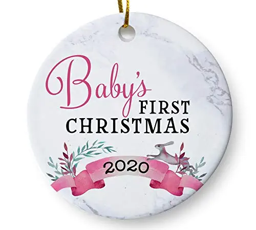 Baby's First Christmas Whimsical Ornament 2020, Girls Baby Shower Gift, Holiday Keepsake Gift for Baby Parents 3" Flat Ceramic Ornament with Gift Box