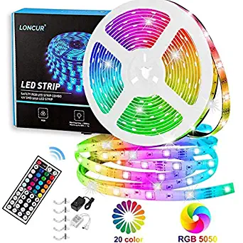 Loncur LED Strip Lights Kit, 16.4ft 5050 RGB SMD Sticky Strip with 150LEDs, DIY, 44-key IR Remote, Flexible 20 Colors Changing Mode, 12V/2A DC Power Supply for Home, Kitchen, Party, Indoor Decoration