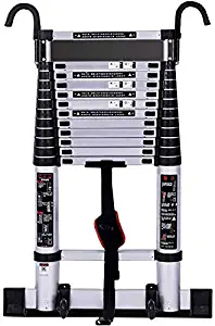 lqgpsx 15.5ft Upgrade Telescoping Ladder with Hook and Stabilizer Bar, Folding Portable Aluminum Extendable Ladder for Home Loft Office Engineering, 330 Pound Capacity