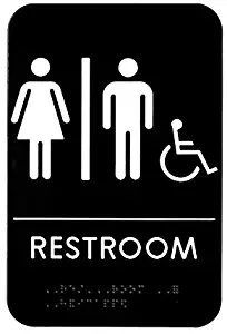 Alpine Industries Unisex Handicap Braille Restroom Sign - ADA Approved Self Adhesive Black & White Gender Neutral Toilet Door Plate for Office Restaurant & Business