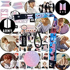 Bangtan Boys Set- 12 Pack Button Pins 40 Pack Photo Card 40 Pack Member Stickers 1 Pack Long Lanyard 1 Pack Wrist Strap 1 Pack Key Chain 1 Pack 3D Sticker 1 Pack Tattoo Sticker