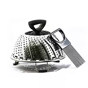Premium Vegetable Steamer from Utencil – 3 Compartment Stainless-Steel 9 Inch Steamer – Food Steamer with Foldable Basket – Perfect for Veggies, Fish, Seafood, and More – Includes Onion Slicer