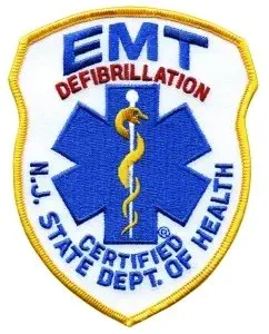 New Jersey State Department of Health EMT Defibrillation Certified - Shoulder Patch, Royal on White/ Red, Size: 4x5" New Jersey DOH NJ Star of life Patch EMT EMS - Sold by Uniform World