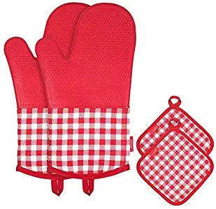 esonmus Silicone Oven Mitts, Extra Long Oven Gloves with 2 Pot Holders,Advanced Heat Resistance,Soft Cotton Lining with Non-Slip Textured Grip,BPA Free for Safe BBQ Cooking Baking Grilling,Red Plaid