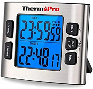 ThermoPro TM02 Digital Kitchen Timer with Dual Countdown Stop Watches Timer/Magnetic Timer Clock with Adjustable Loud Alarm and Backlight LCD Big Digits/ 24 Hour Digital Timer for Kids Teachers