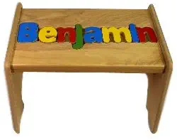 babykidsbargains Personalized Wooden Puzzle Stools- Stool Color: Natural, Letter Color: Primary, 9-12 Letters