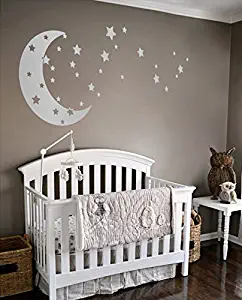 Moon and Stars Night Sky Vinyl Wall Art Decal Sticker Design for Nursery Room DIY Mural Decoration (Silver, 30x65 inches)