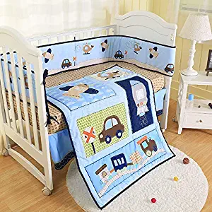 Wowelife Blue Crib Bedding Sets for Boys 7 Piece Train Rocket and Airplane Nursery Crib Bedding Set