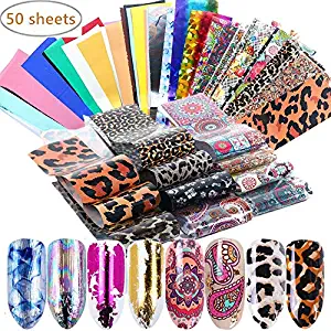 Valuu 50 Sheets Nail Art Foil Transfer Stickers Laser Flower Leopard Print Nail Foil Adhesive Decals Starry Sky Manicure Transfer Tips Nail Art DIY Decoration Kit