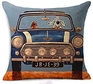 Petite Lili Cushion Cover with Dog Driver Design, Decorative Pillowcase -Bed/Kids/Sofa 18 x 18 inch, (Blue Mini Cooper) Cover Only