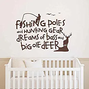 Country Wall Decals Quotes Fishing Poles and Hunting Gear Dreams of Bass and Big Ole Deer Wall Decal Bedroom Nursery Living Room Art Sticker (Dark Brown, 15.5&Quoth x22&quotw)