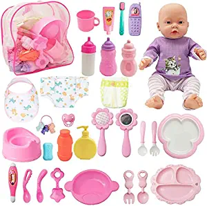 SOTOGO 34 Pieces Baby Doll Care Set Doll Feeding and Changing Accessories Set Baby Doll Accessories in Bag, Without Doll