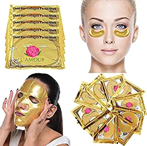 20 Pairs of Eye Masks + 5 Face Masks | 24K Gold Powder Crystal Gel Collagen Facial & Eye Mask Set | Anti-Aging & Moisturizing; Reduces Dark Circles, Puffiness, Wrinkles | L'AMOUR yes!