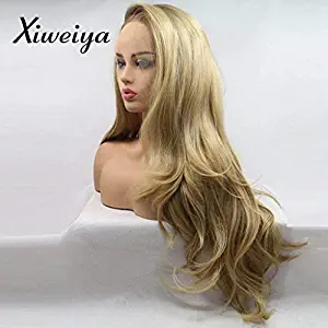 Xiweiya long blonde synthetic lace front wigs wavy side part wavy wig brown root long blonde wavy wig hair replacement wig for women, drag queen makeup 24 inch (24")