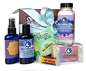 New Mom Gift Box with All-Natural Bath & Body Care by Blue Moon Elise. Baby-Safe, Relaxing & Healing. Handmade Soap, Bath Salts, Body Oil, Mist, Lip Balm with Lavender Essential Oils