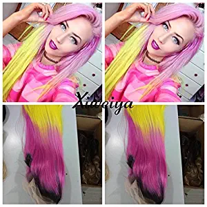Xiweiya Dark root silky straight Heat Resistant Fiber Middle part mermaid ombre pink to yellow color wig Long Purple Wig Synthetic lace front wigs for women and drag queen makeup 24 inch (pink yellow)