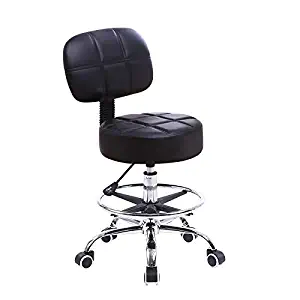 KKTONER Swivel Round Rolling Stool PU Leather with Adjustable Foot Rest, Height Adjustable Task Work Drafting Chair with Back Black