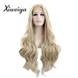 Xiweiya long blonde wavy wig blonde highlight gold synthetic lace front wigs piano color wavy with heat resistant fiber for women drag queen makeup long blonde hair replacement wig 20-24 inch (20")