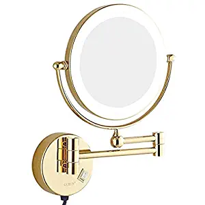 Sanliv 8 Inch Two Sided LED Lighted Makeup Mirror Fog-Free Wall-Mount Magnifying Shaving Mirror with 7X Magnification, Gold Finish