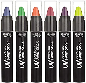 UV Face and Body Paint Sticks - Costume, Halloween and Club Makeup - Safe for all Skin Types - Easy On and Off - by Splashes & Spills (6 Pack)