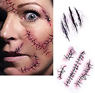 Fashionclubs Fake Bloody Wound Stitch Scar Scab Temporary Tattoo Sticker For Halloween Masquerade Prank Makeup Props Pack of 2,Waterproof