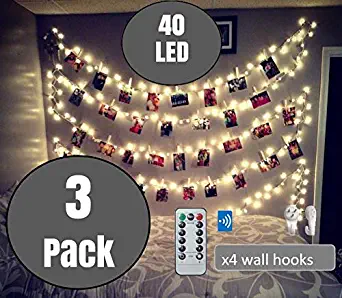 3 Packs BestCircle 40 LED Photo Clip String Lights 20 Ft, Remote Control,Free Wall Hooks, USB Powered, Warm White, Timer, Christmas Card, Decoration, Wedding, Party, Christmas Lightings …