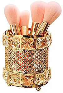 CY craft Gold Makeup Brush Holder,Brass Vintage Crystal Makeup Brush Organizer Handmade Cosmetic Brush Storage，Metal Eyebrow Pencil Pen Cup