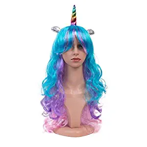 Synthetic Wigs Halloween Unicorn Pony Cosplay Party Long Curly Wigs For Women(colorful horn)