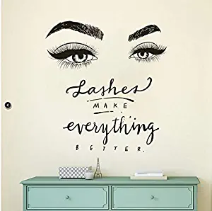 BooDecal Quote Series Lashes Make Everything Better Eyes Wall Decal Eyelashes Wall Mural Art Decor Sticker Make Up Wall Decal Girls Eyes Eyebrows Beauty Salon Decoration Makeup Wall Sticker