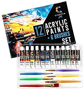 Creative Joy CJAPB01 Acrylic Paint Set & Brushes Vivid Paint Sets Include 6 Brushes-Great for Artists and Hobby Painters from Kids through Adults-Beginner to Expert Acrylic Paint Kits (12 Paints)