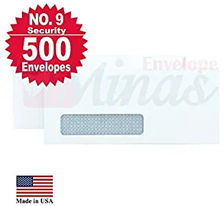 Minas Envelope No. 9 Security Business Envelope, Left Window, 3 7/8 x 8 7/8, Premium 24lb. White (500 Envelopes)