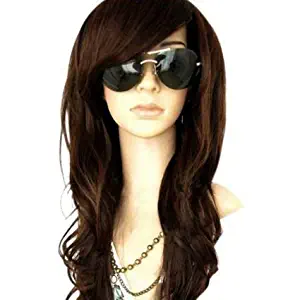 MelodySusie Dark Brown Long Curly Wavy Wig for Women, 34 Inches Hair Replacements Wigs with Bangs Synthetic Hair Wig Natural Looking Daily Party Cosplay Costume Wigs with Free Wig Cap, Dark Brown